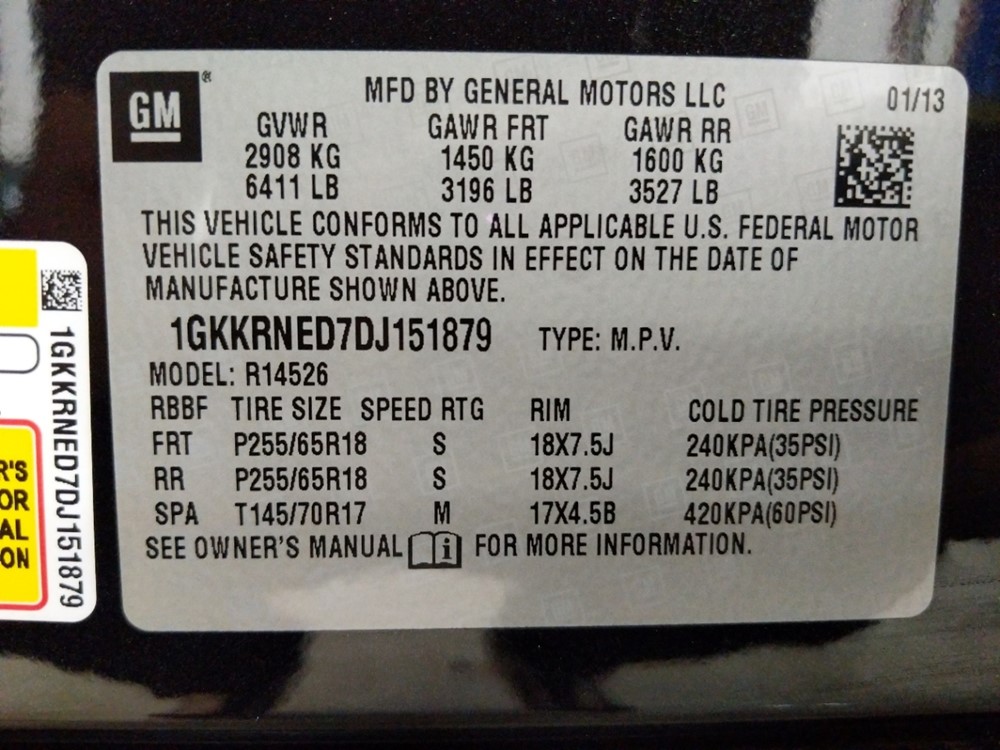 2013 GMC Acadia - VIN Plate