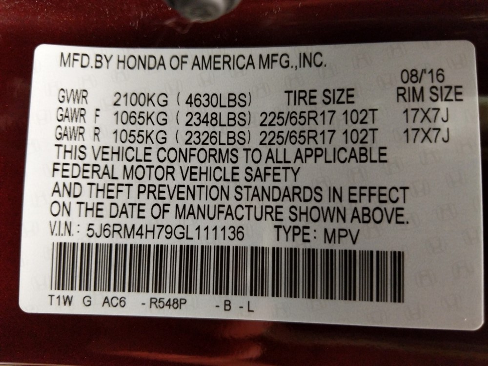 2016 Honda CR-V - VIN Plate