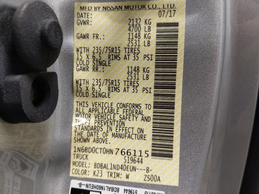 2017 Nissan Frontier - VIN Plate