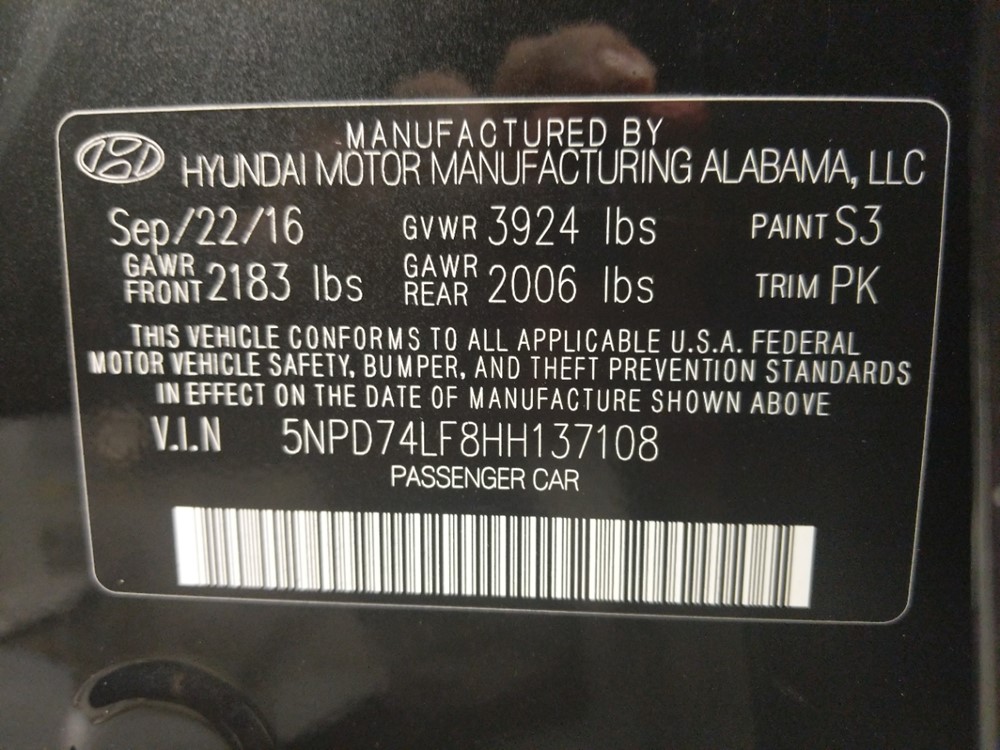 2017 Hyundai Elantra - VIN Plate
