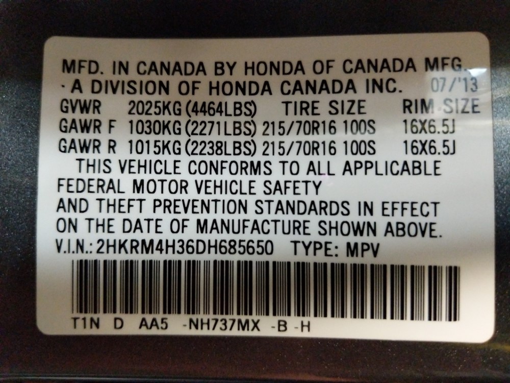 2013 Honda CR-V - VIN Plate