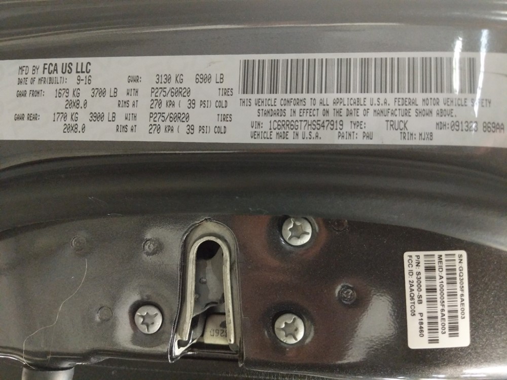 2017 Dodge Ram 1500 - VIN Plate