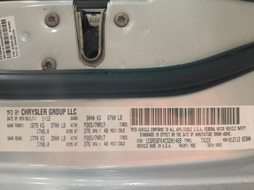 2012 Dodge Ram 1500 - VIN Plate