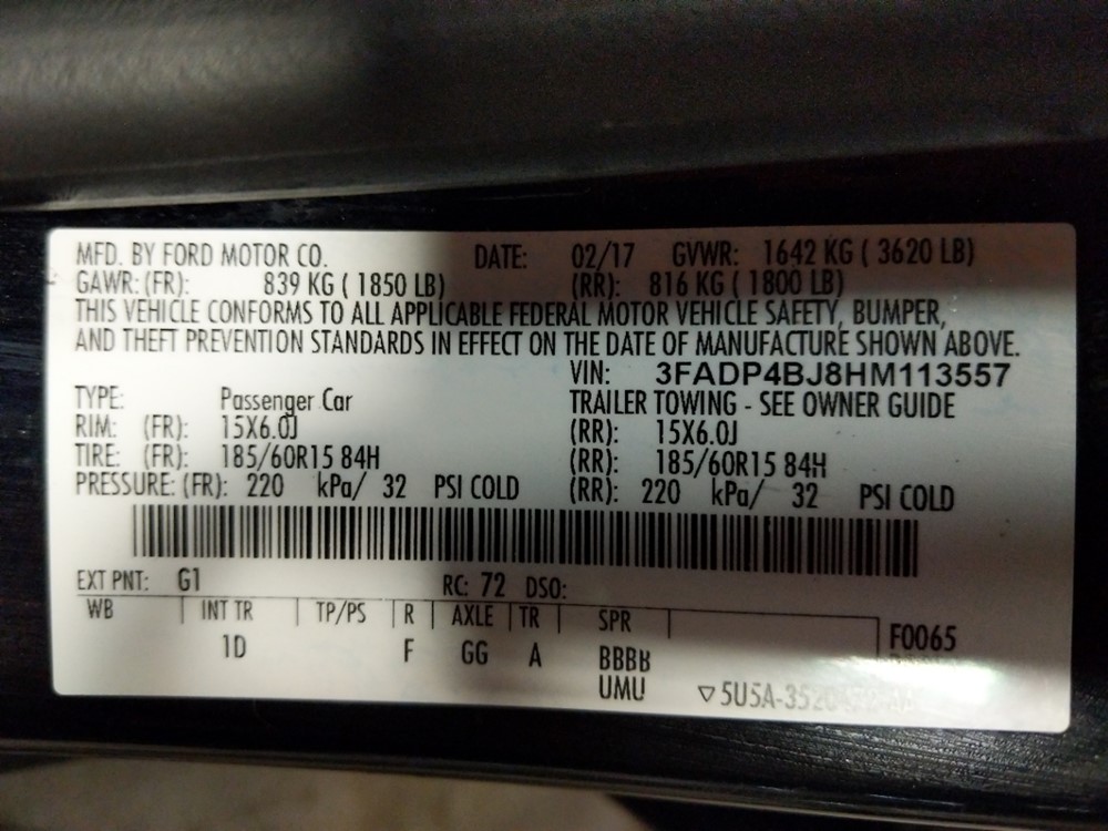 2017 Ford Fiesta - VIN Plate