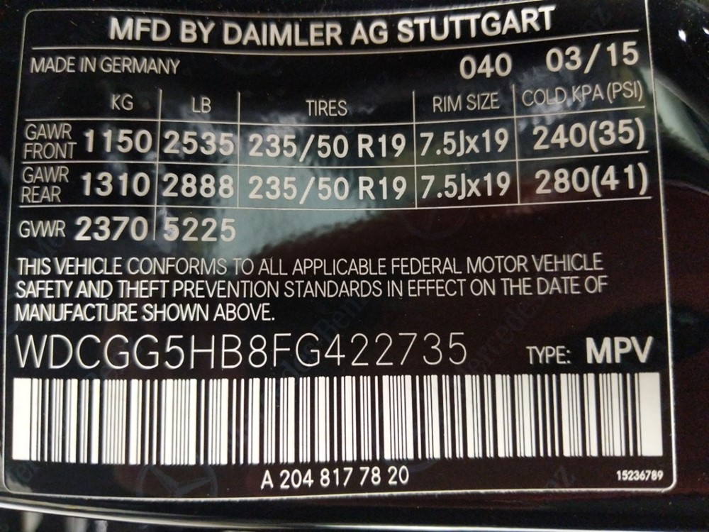 2015 Mercedes-Benz GLK350 - VIN Plate