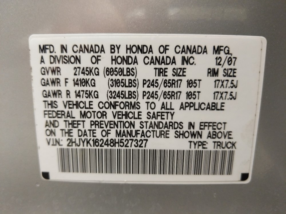 2008 Honda Ridgeline - VIN Plate