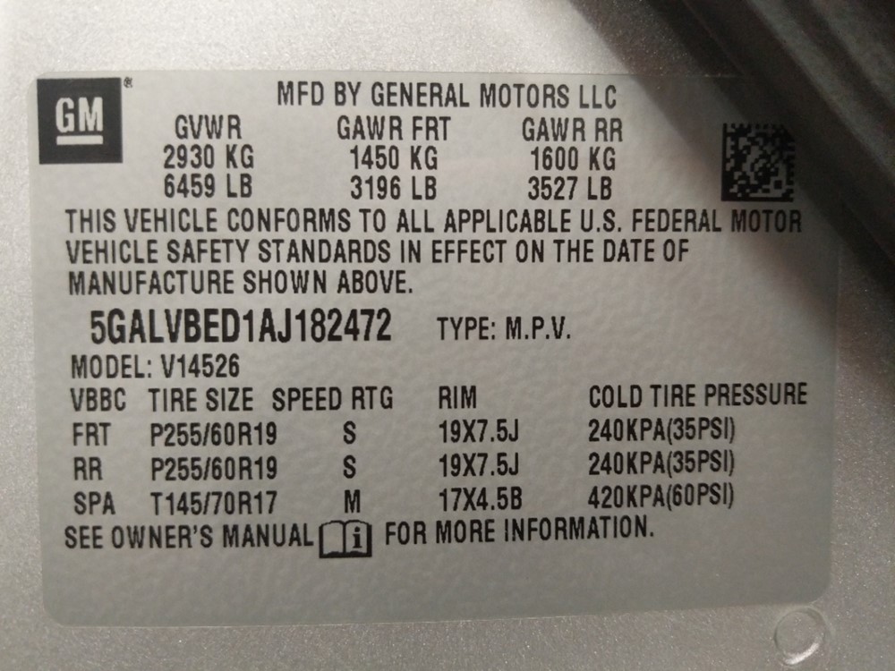 2010 Buick Enclave - VIN Plate