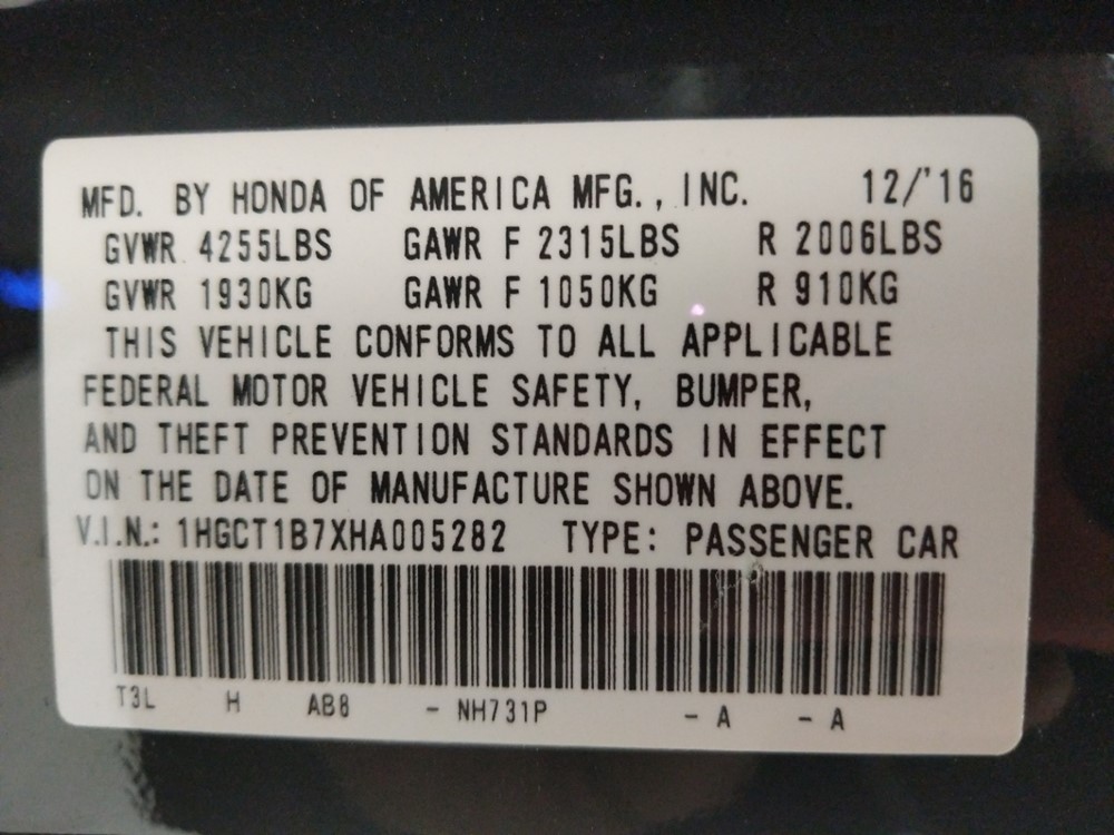 2017 Honda Accord - VIN Plate
