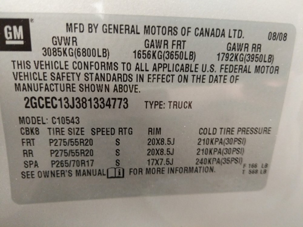 2008 Chevrolet Silverado 1500 - VIN Plate