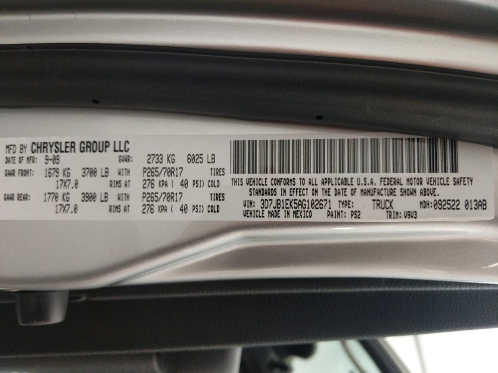 2010 Dodge Ram 1500 - VIN Plate