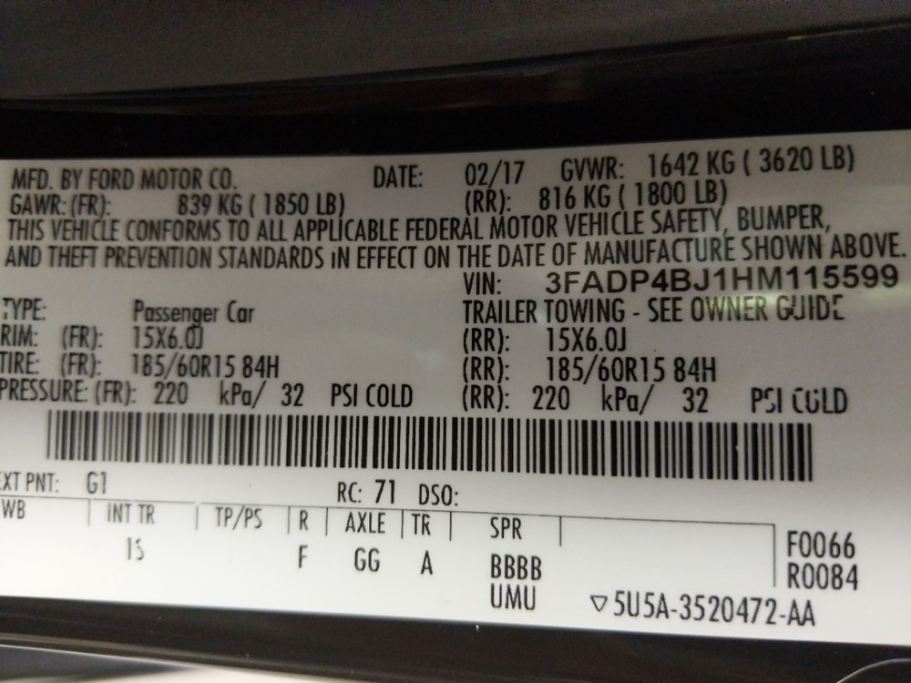 2017 Ford Fiesta - VIN Plate