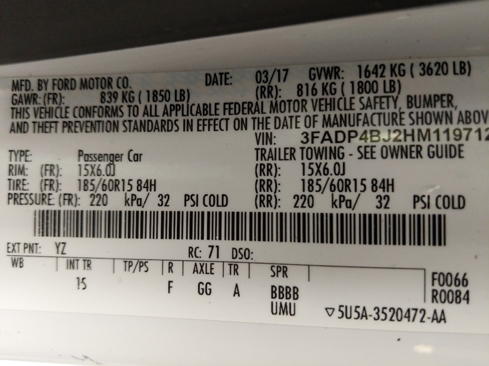 2017 Ford Fiesta - VIN Plate