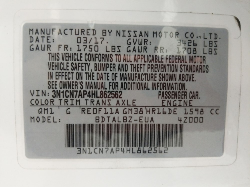 2017 Nissan Versa - VIN Plate