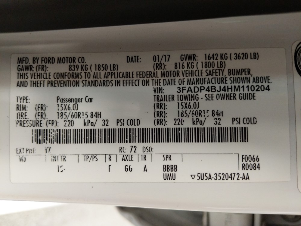 2017 Ford Fiesta - VIN Plate