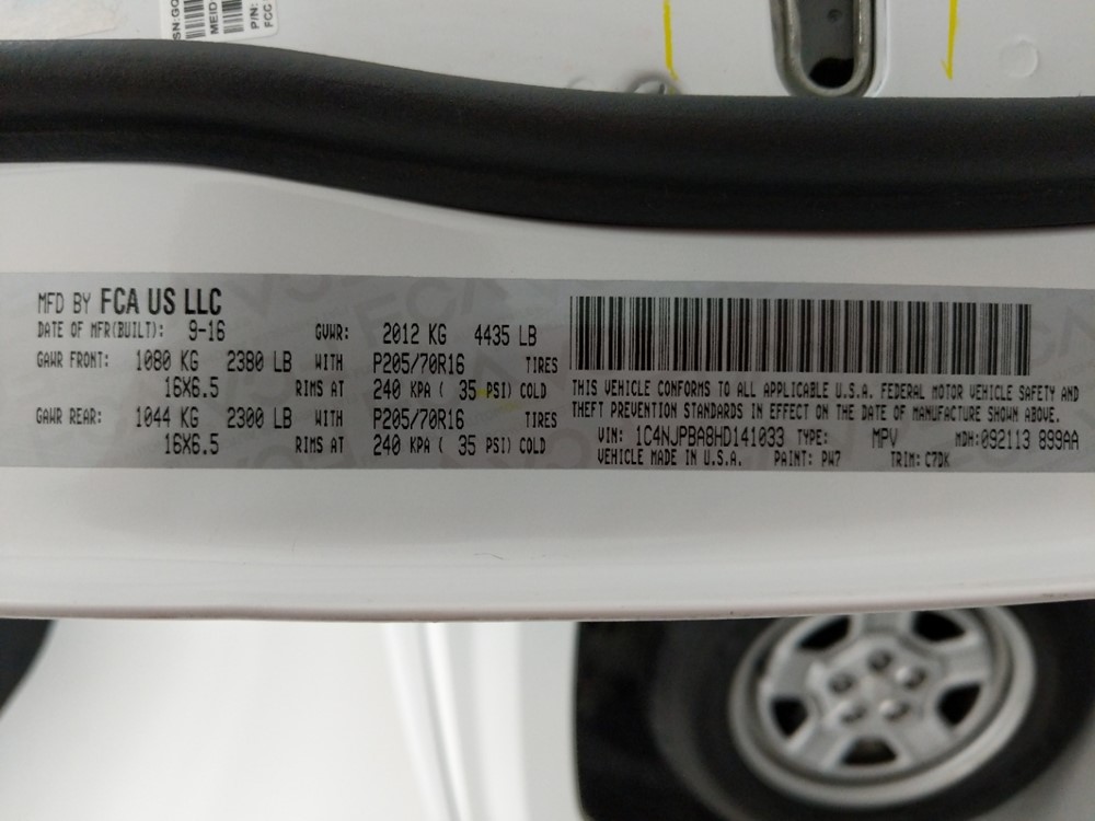 2017 Jeep Patriot - VIN Plate
