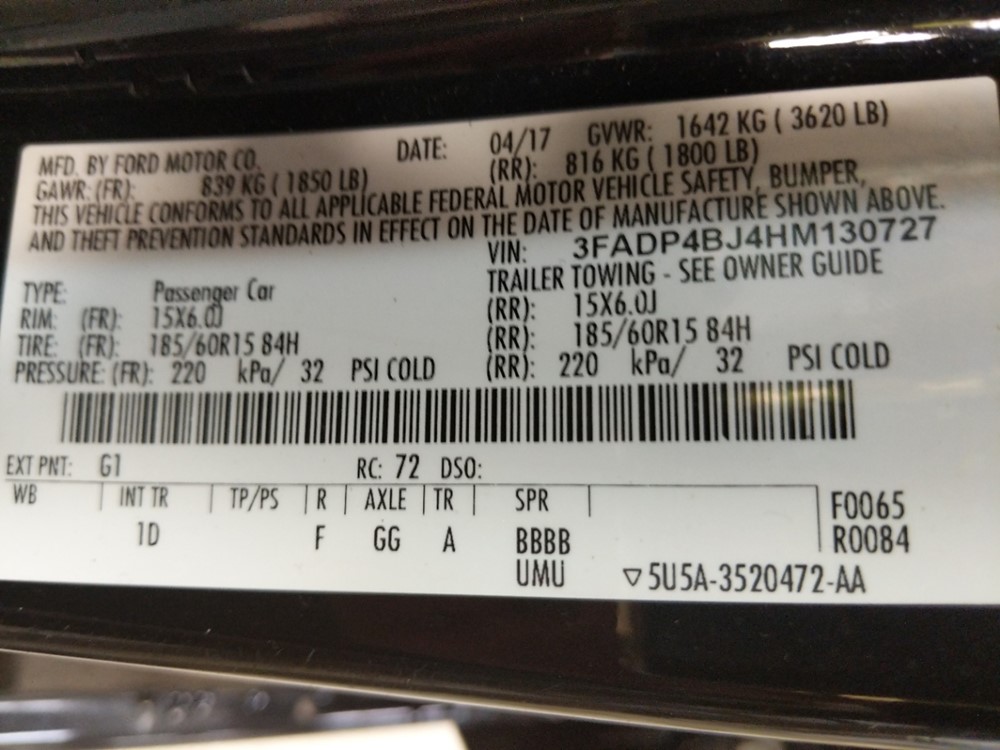 2017 Ford Fiesta - VIN Plate
