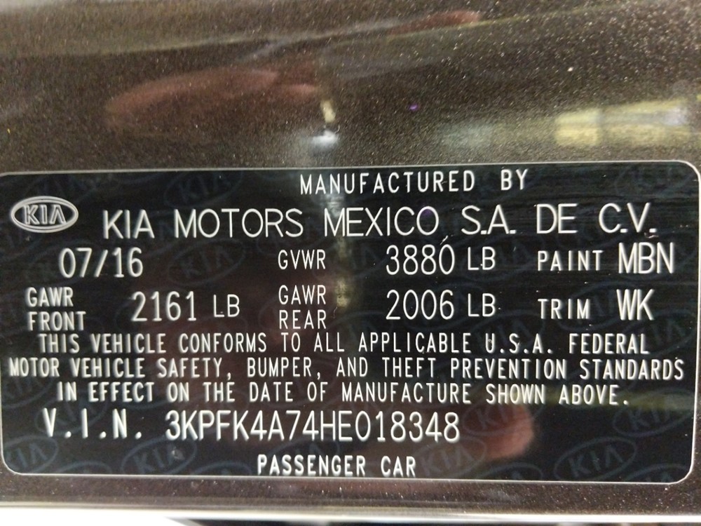 2017 Kia Forte - VIN Plate