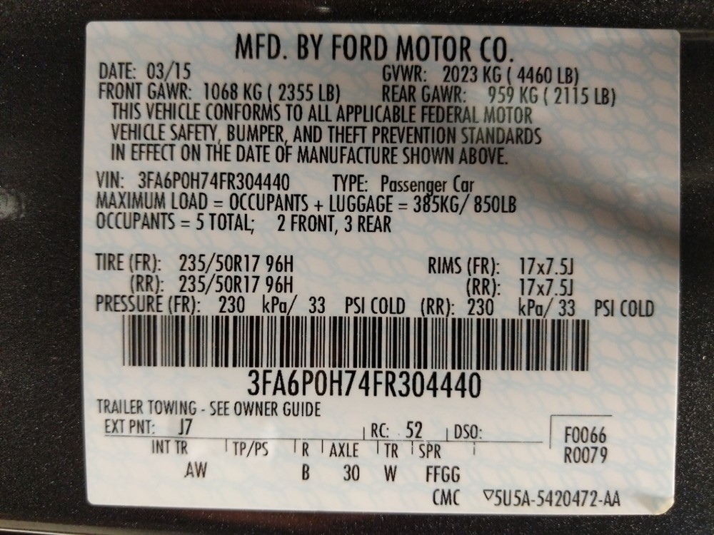 2015 Ford Fusion - VIN Plate