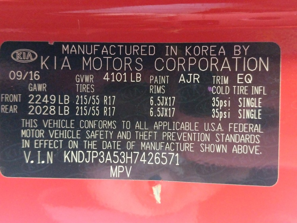 2017 Kia Soul - VIN Plate