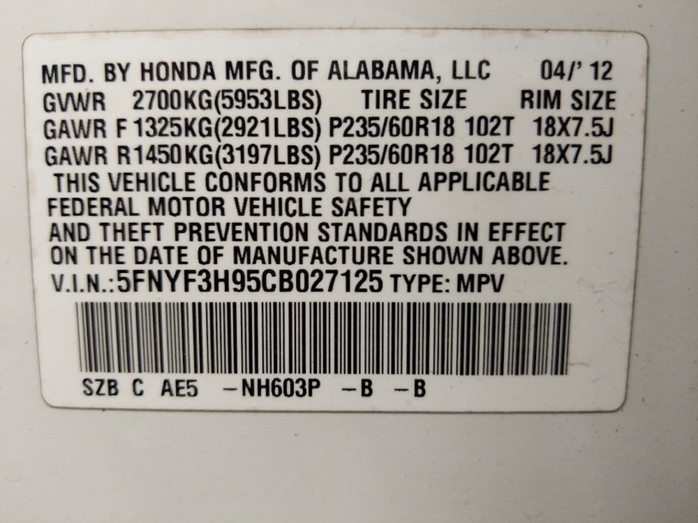 2012 Honda Pilot - VIN Plate