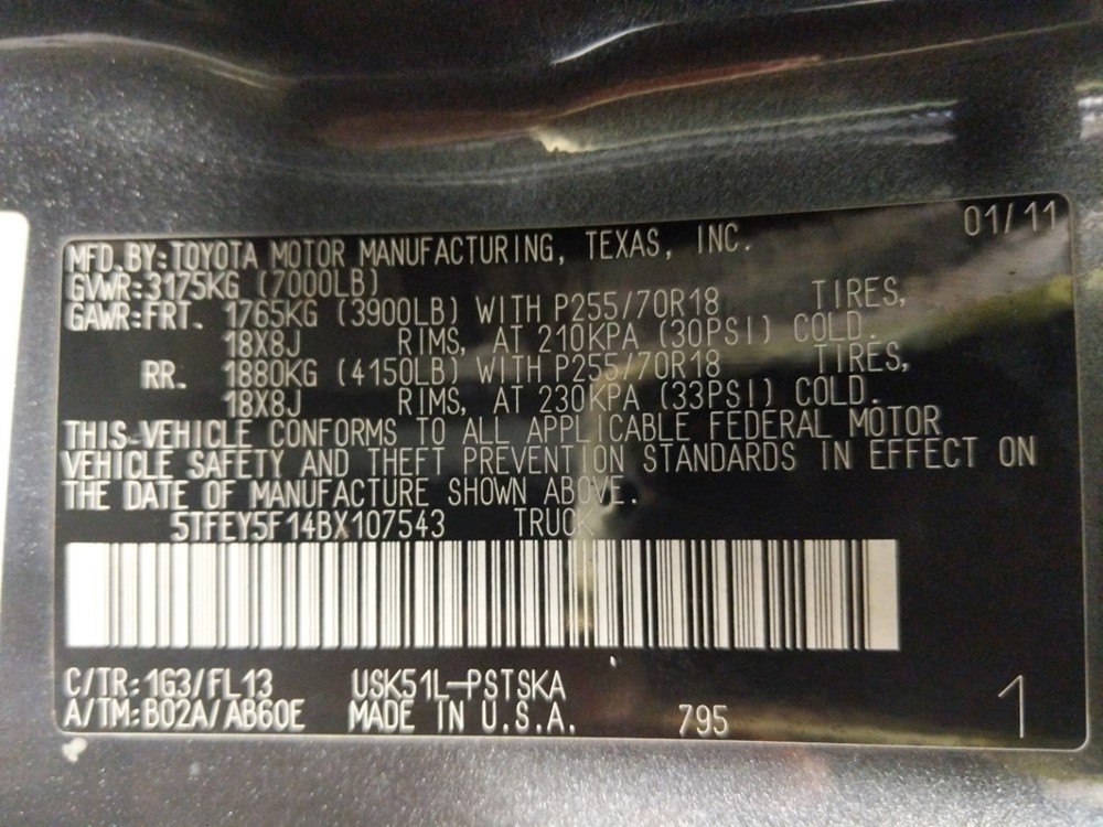 2011 Toyota Tundra - VIN Plate