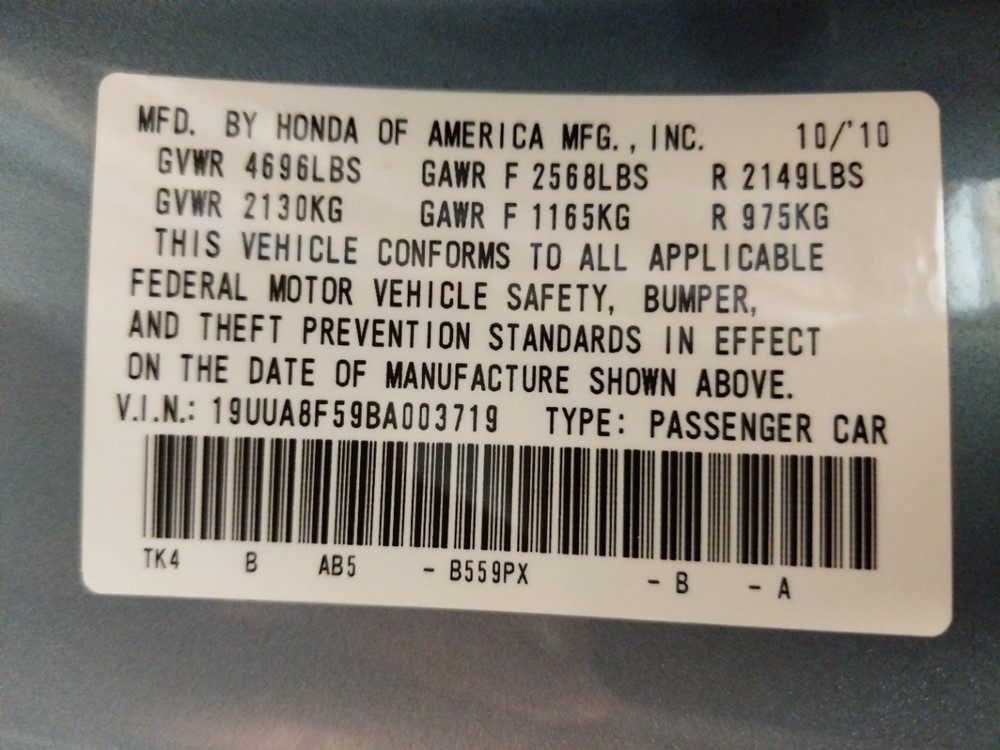 2011 Acura TL - VIN Plate