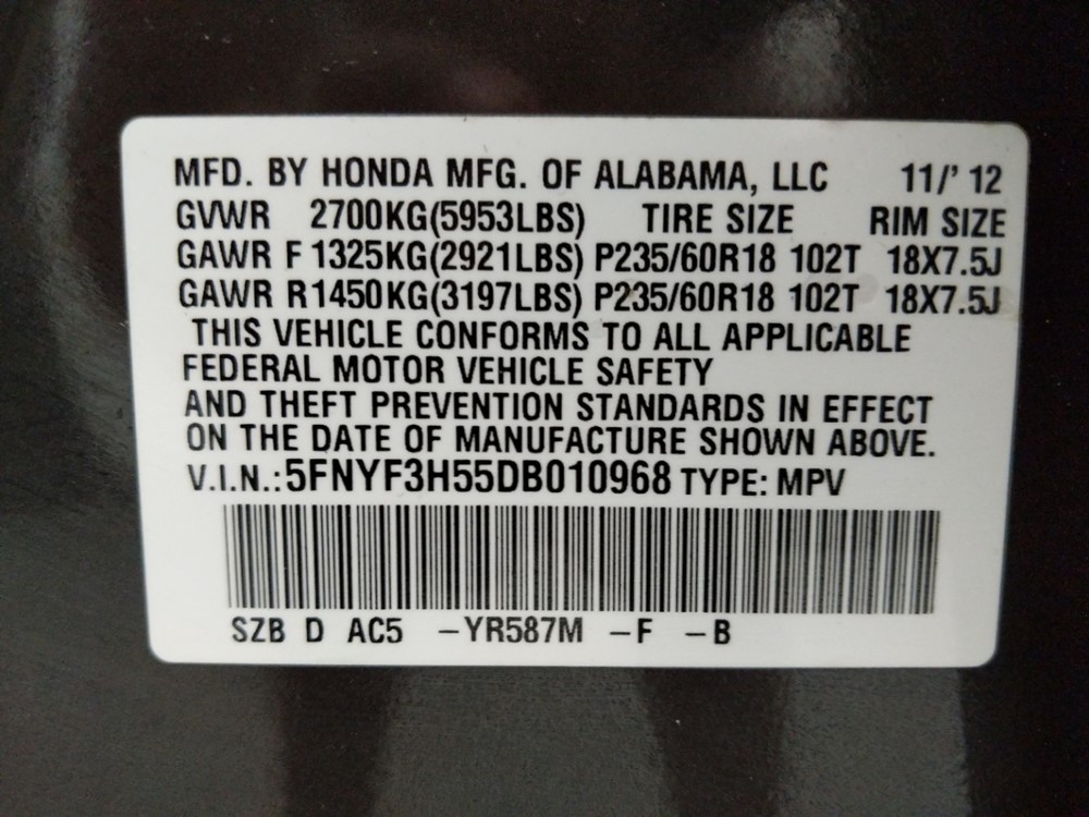 2013 Honda Pilot - VIN Plate