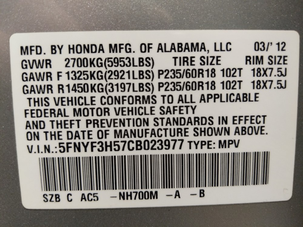 2012 Honda Pilot - VIN Plate