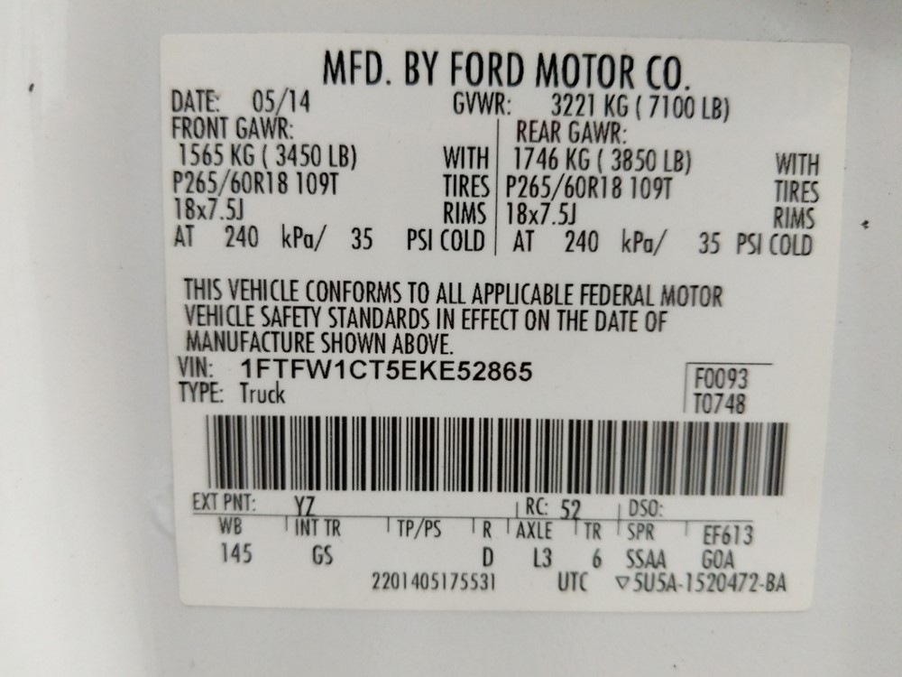 2014 Ford F-150 - VIN Plate