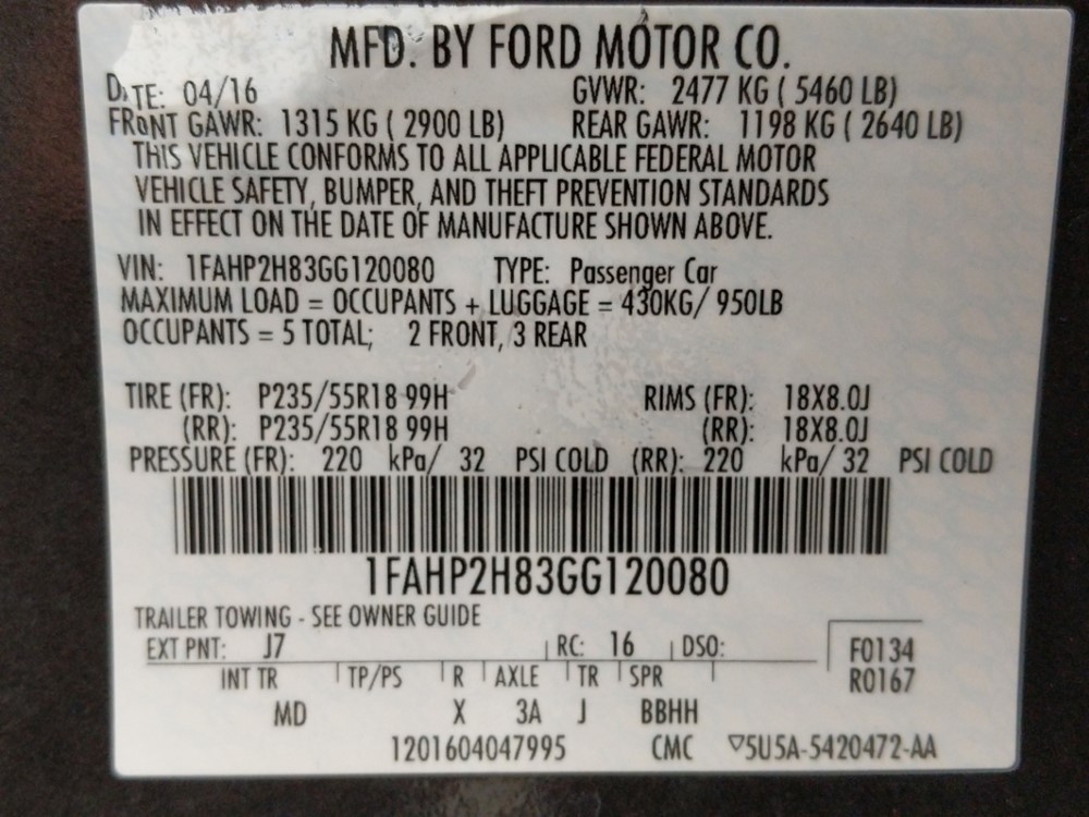 2016 Ford Taurus - VIN Plate