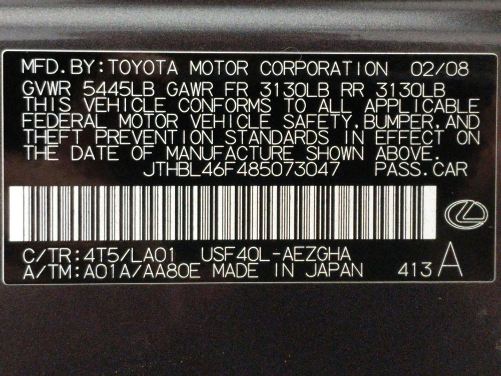 2008 Lexus LS - VIN Plate