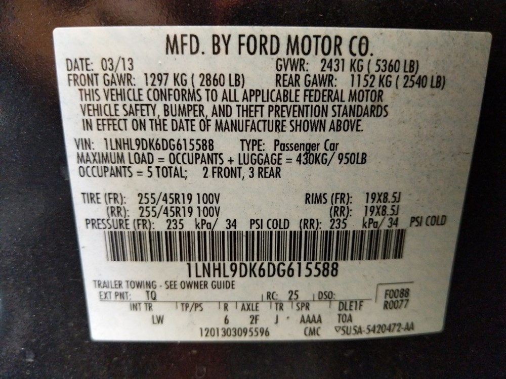 2013 Lincoln MKS - VIN Plate