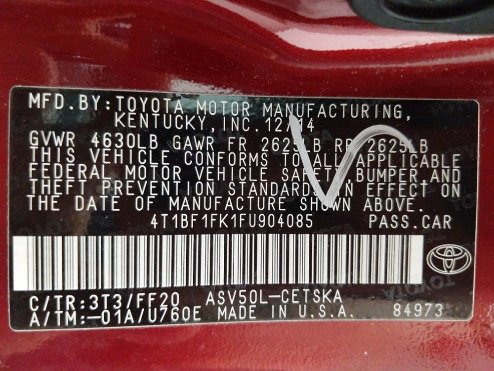 2015 Toyota Camry - VIN Plate