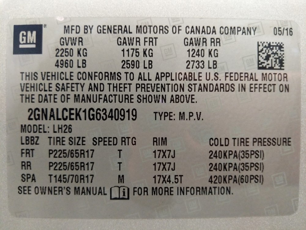 2016 Chevrolet Equinox - VIN Plate