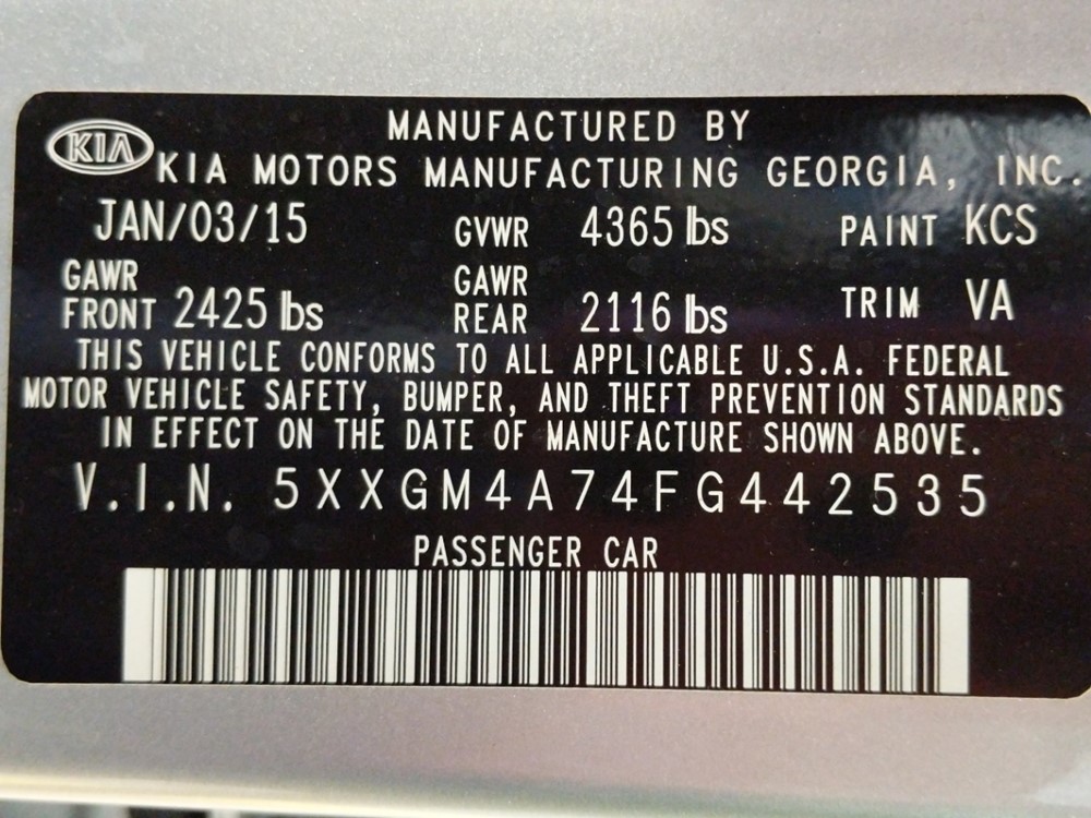 2015 Kia Optima - VIN Plate
