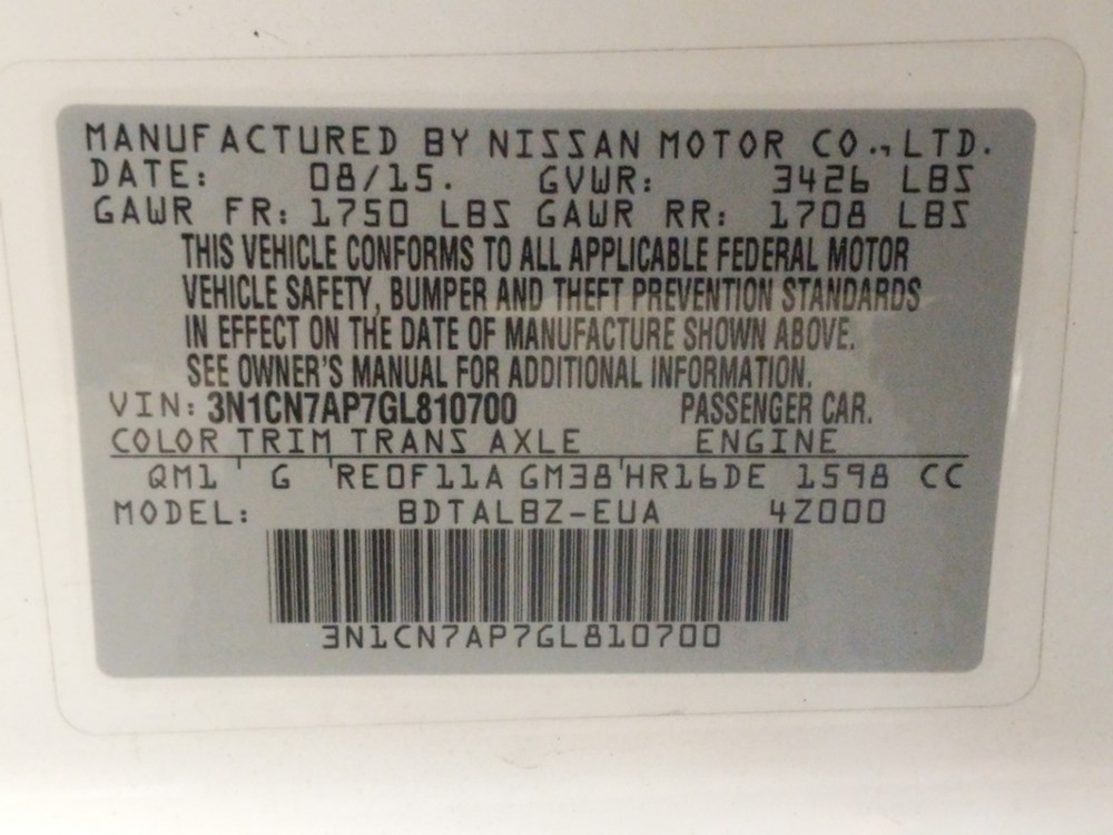 2016 Nissan Versa - VIN Plate