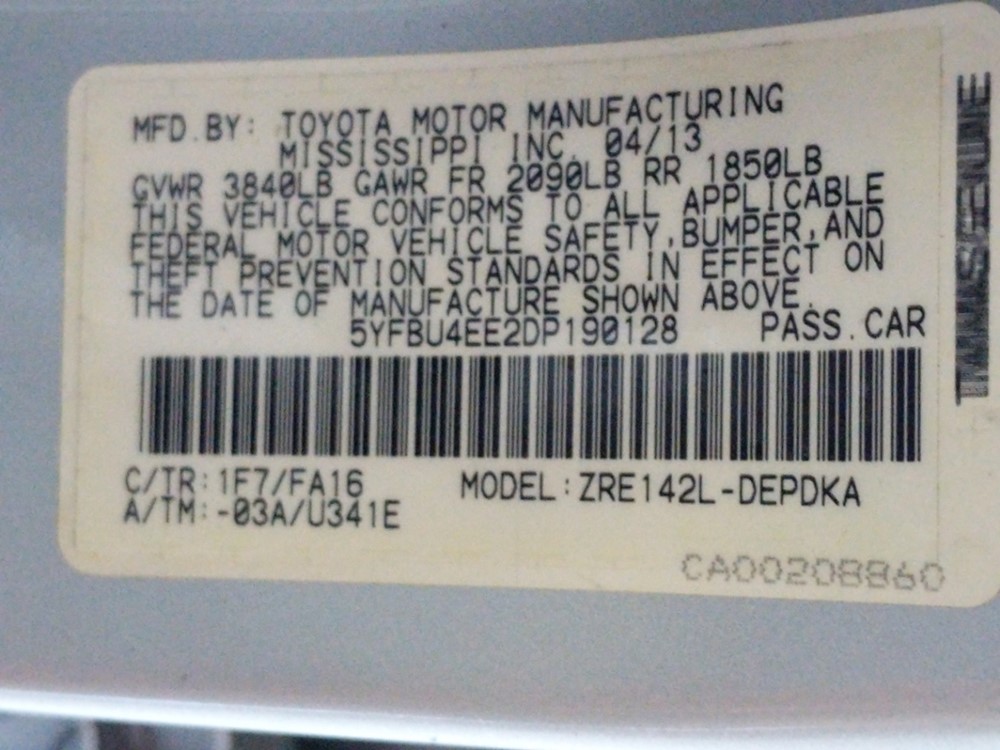 2013 Toyota Corolla - VIN Plate