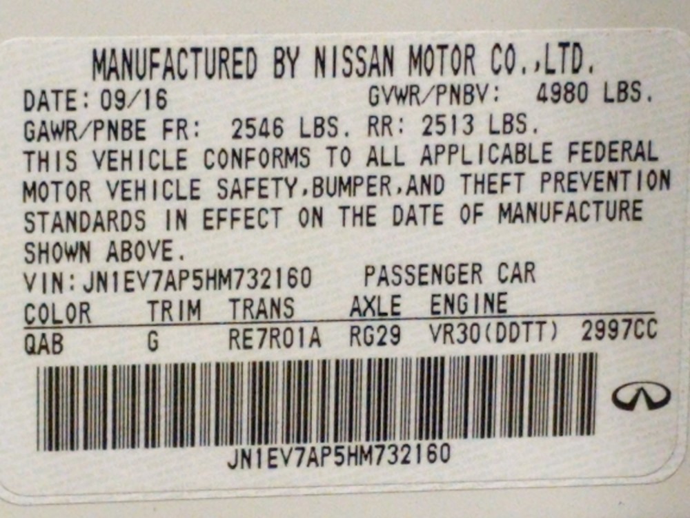 2017 INFINITI Q50 - VIN Plate