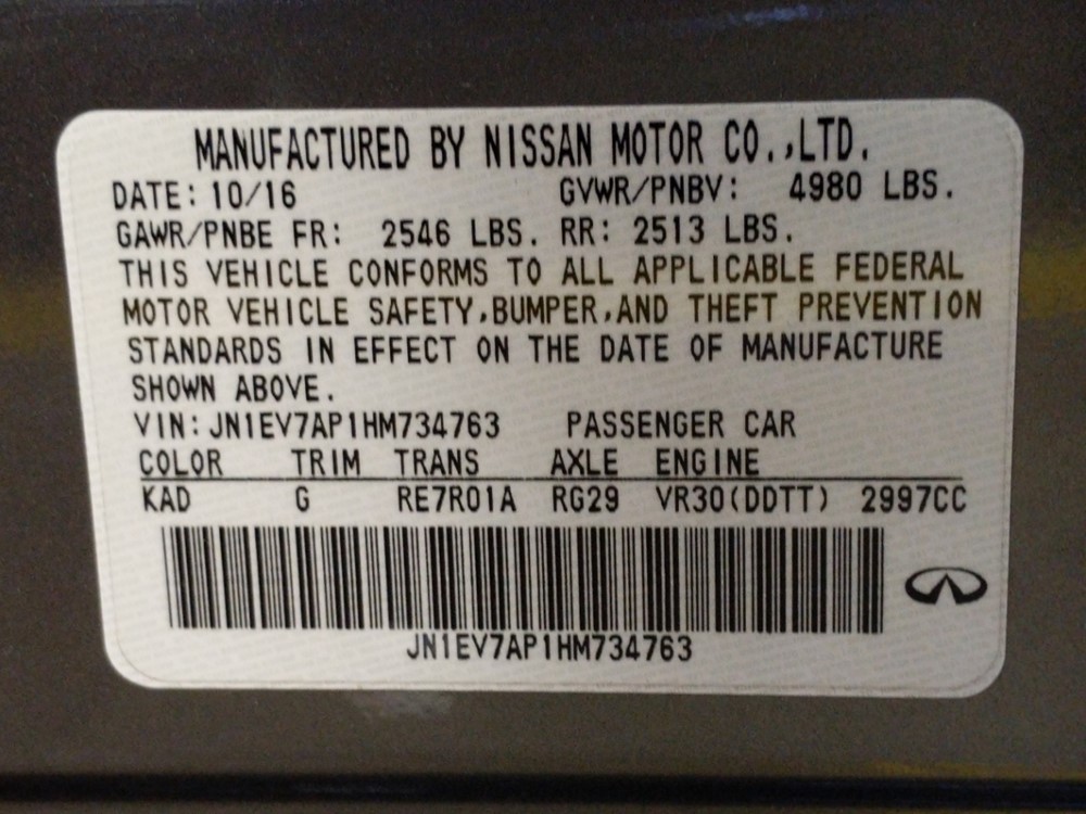 2017 INFINITI Q50 - VIN Plate