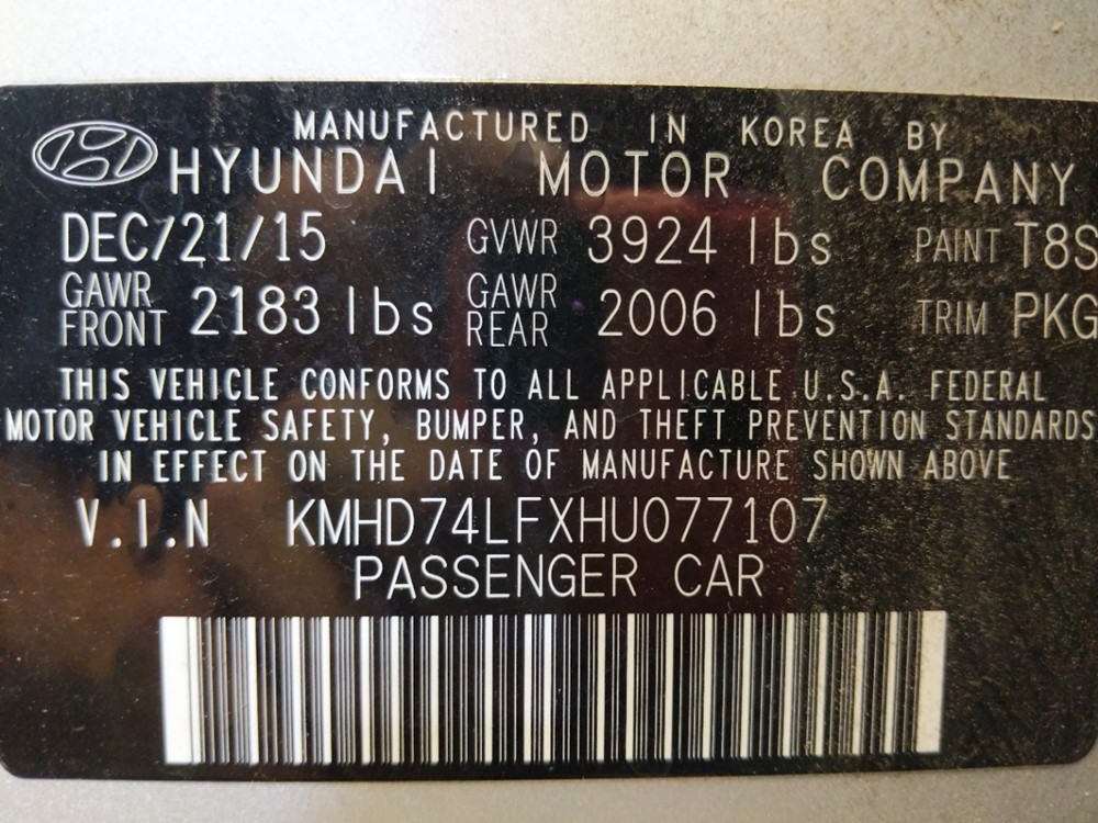 2017 Hyundai Elantra - VIN Plate