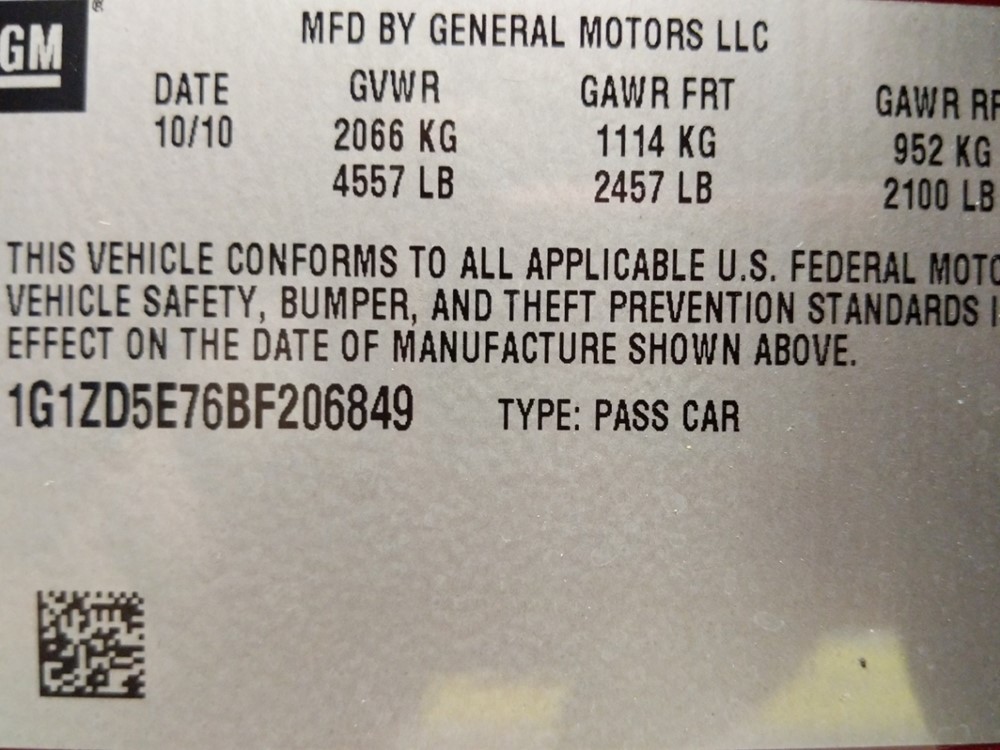 2011 Chevrolet Malibu - VIN Plate