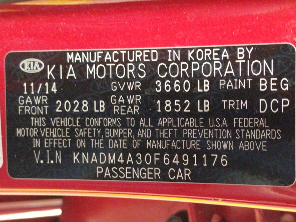2015 Kia Rio - VIN Plate