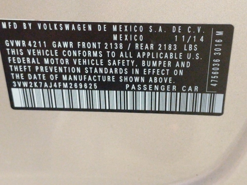 2015 Volkswagen Jetta - VIN Plate