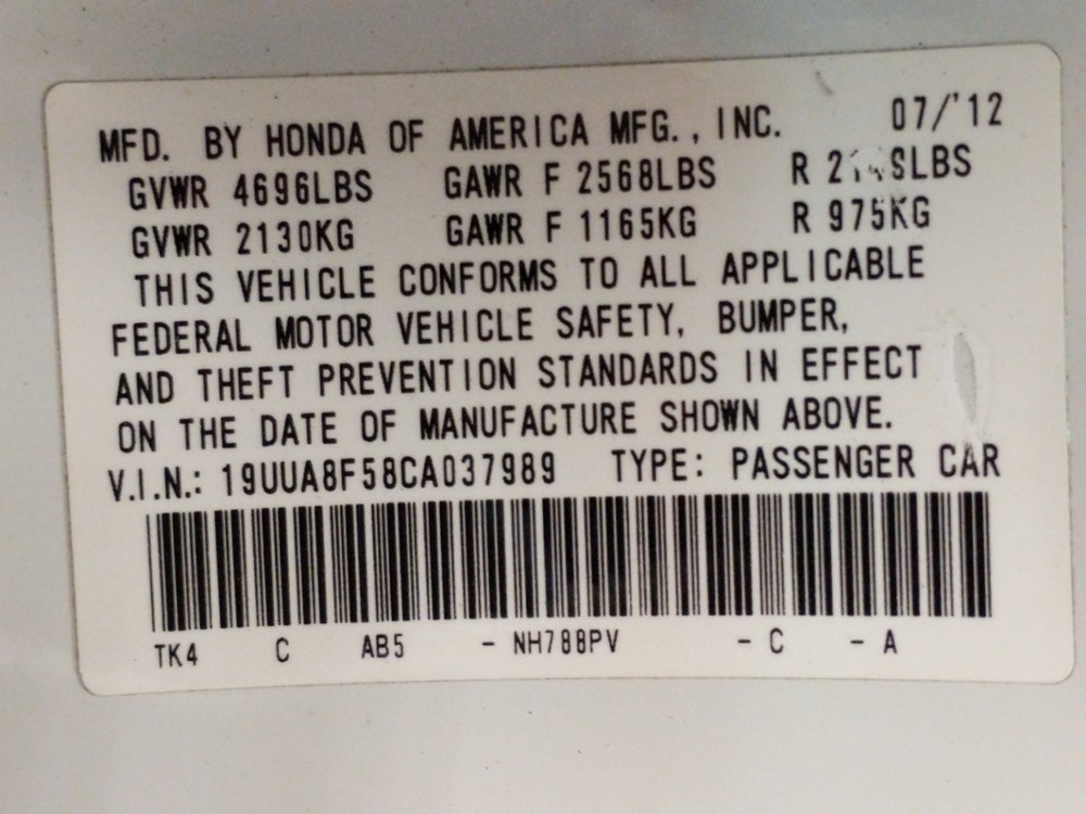 2012 Acura TL - VIN Plate
