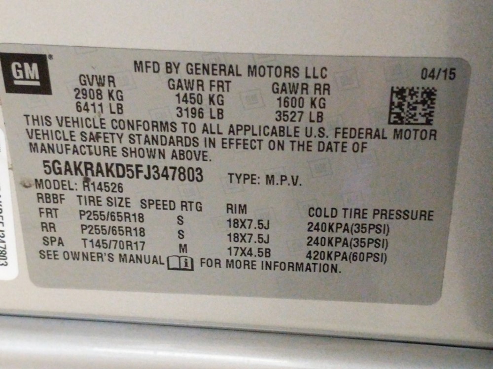 2015 Buick Enclave - VIN Plate