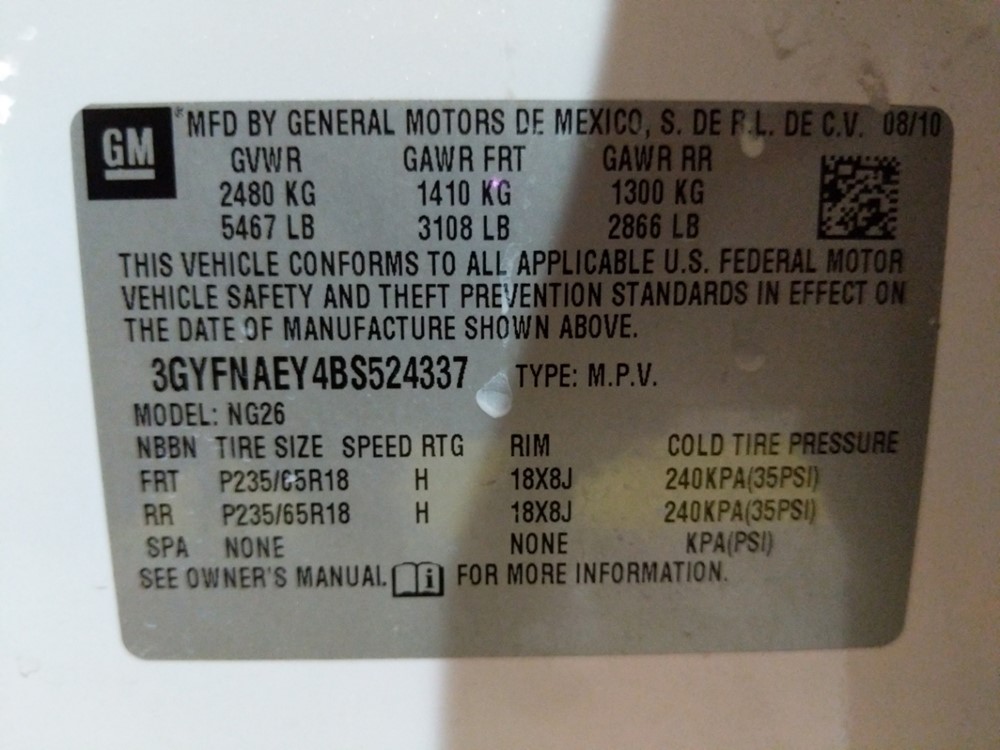 2011 Cadillac SRX - VIN Plate