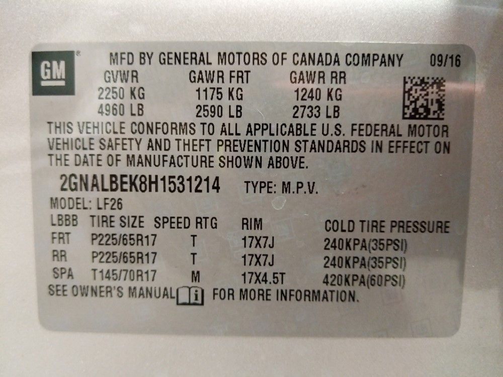 2017 Chevrolet Equinox - VIN Plate