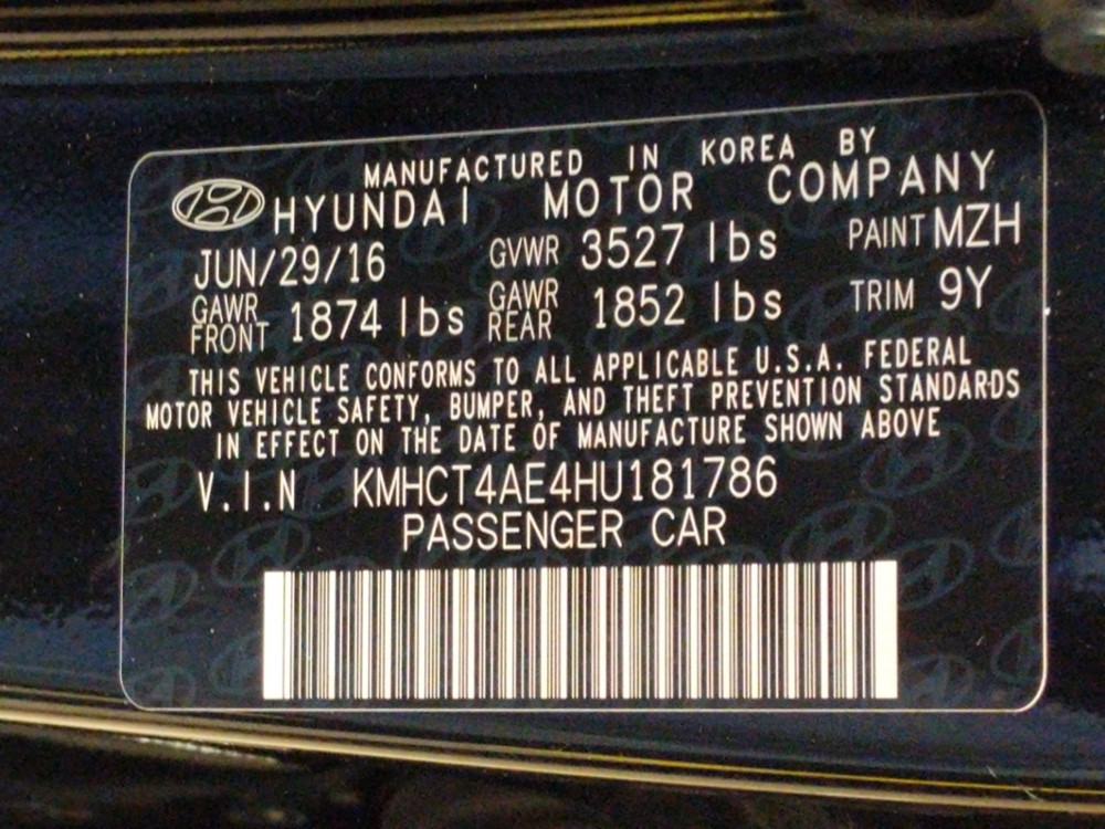 2017 Hyundai Accent - VIN Plate