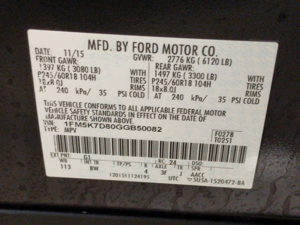 2016 Ford Explorer - VIN Plate