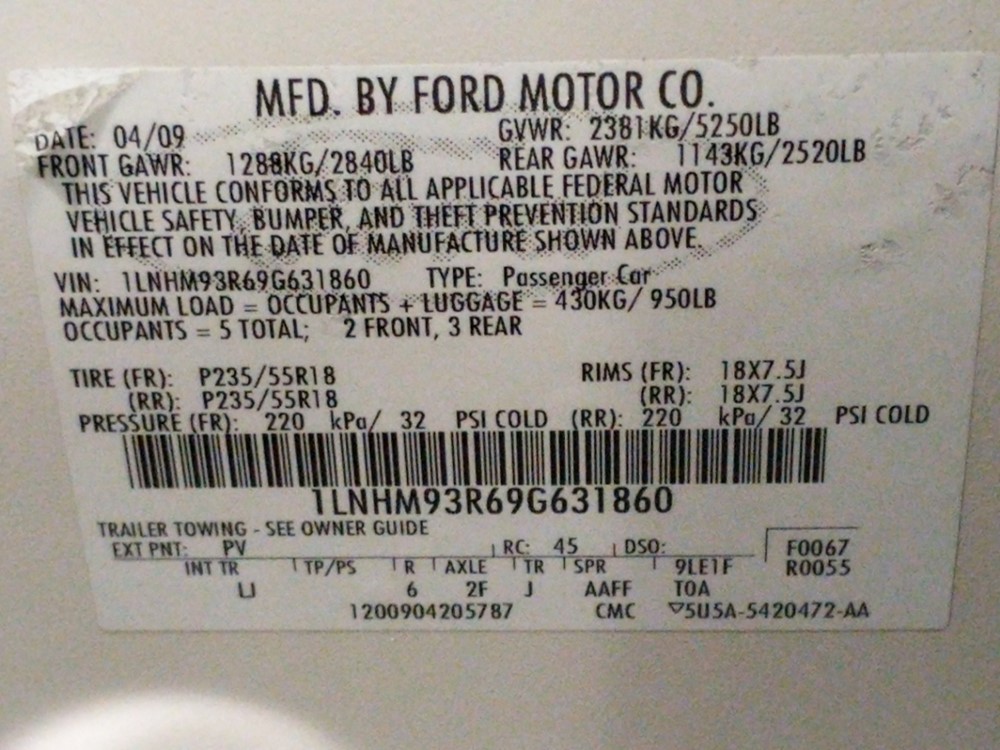 2009 Lincoln MKS - VIN Plate